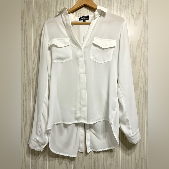 Sam Edelman Shirt Large White Riley Shoulder Zip Split Back Hi-Lo Hem Button - Picture 1 of 5
